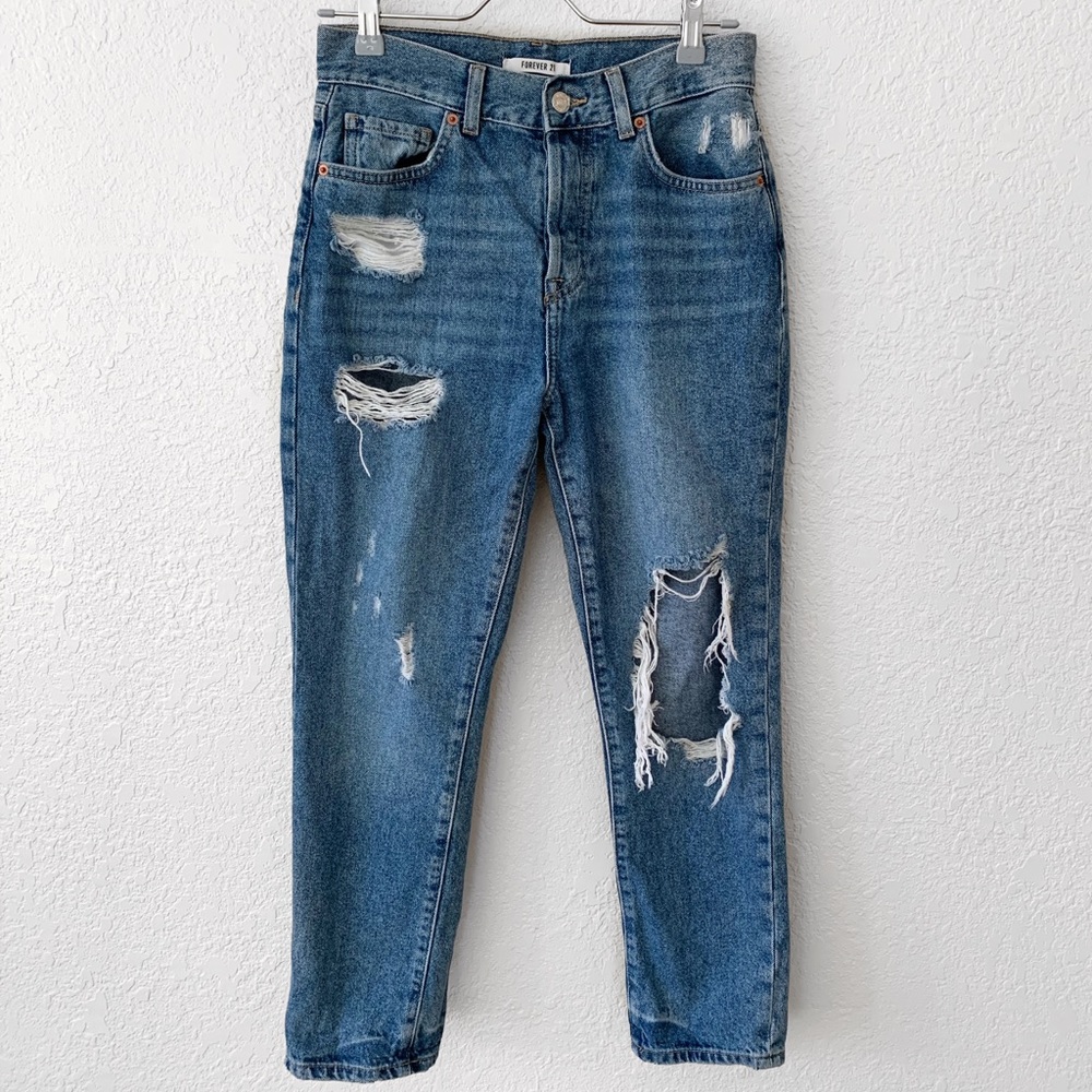 Distressed High Rise Mom Jeans